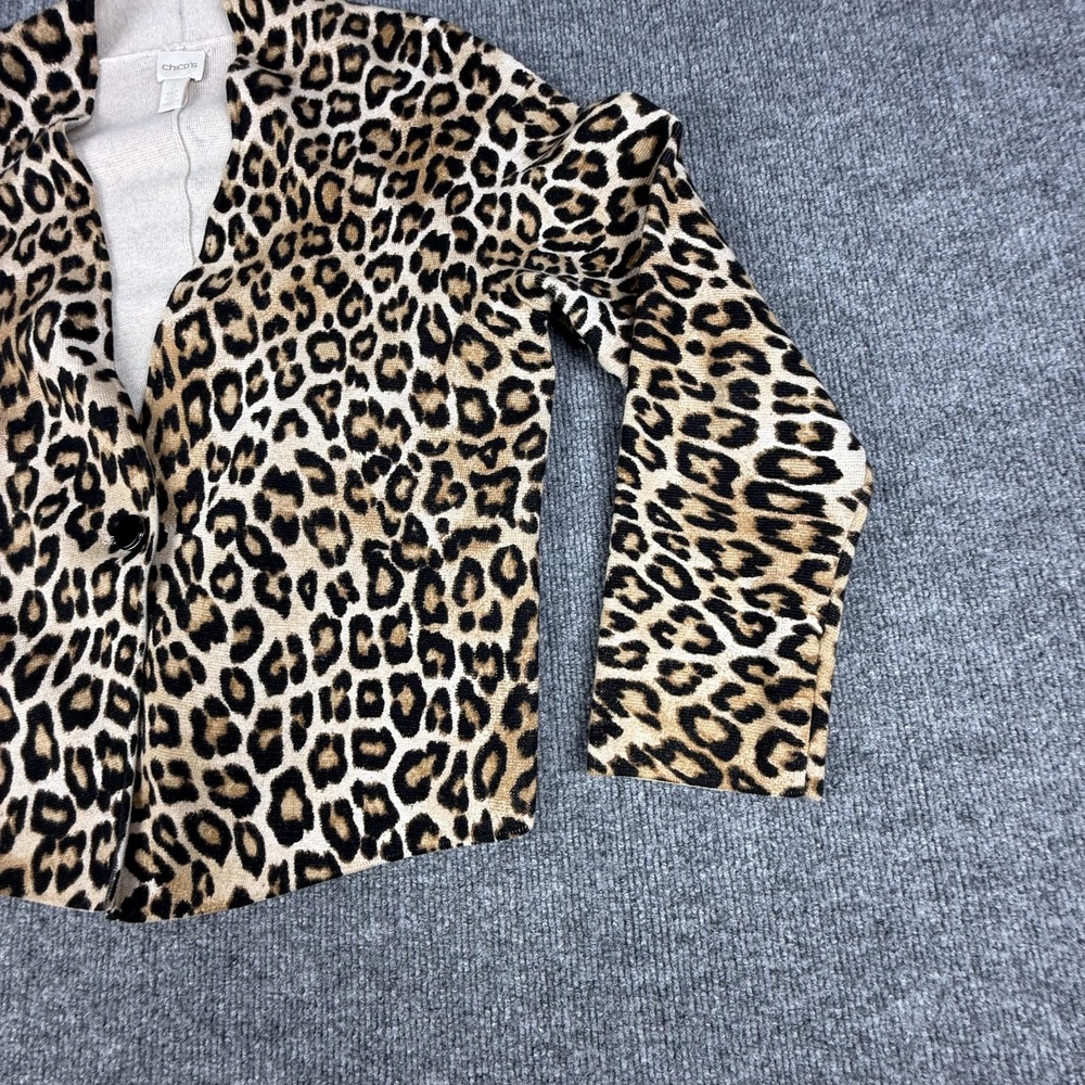 Chicos Cardigan Sweater Womens 2 Brown Leopard Print Button Front Stretch Knit - Picture 3 of 12